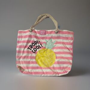 Limited Too Tropi-Cool Pink Striped Pineapple Large Tote Bag Rope Handle Cotton